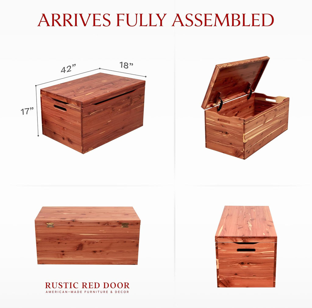 Amish Made Wooden Storage Chest Trunk Box with Lid and Handles for Bedroolanket, Clothes, Anti-Slam Hinges, Handmade, Rustic, Cedar Wood, Natural Stain, 42"