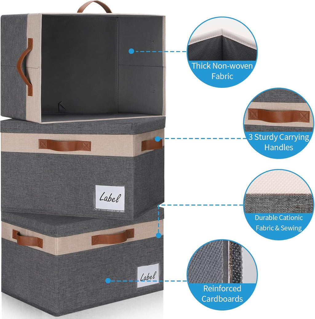 GhvyenntteS Large Storage Bins with Lids 6 Pack, Large Closet Storage Bin with Lid and 3 PU Handles, Foldable Fabric Storage Boxes with Label Window for Home Office (Beige, 15" x 11" x 9.7")