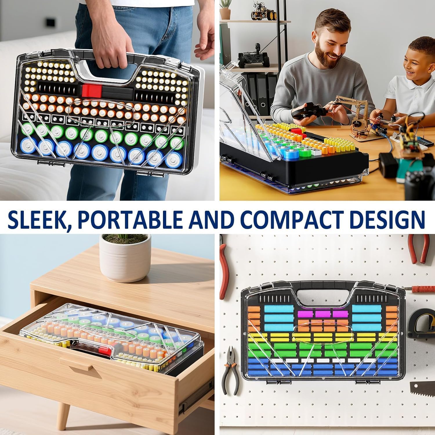 Battery Organizer Storage Holder Box Case with Tester, Stores & Protects Up to 285+ Batteries, Double-Sided and Durable Design,Holds AA AAA 4A C D Cell 9V 3V Lithium LR44 CR2 CR123 (Black)