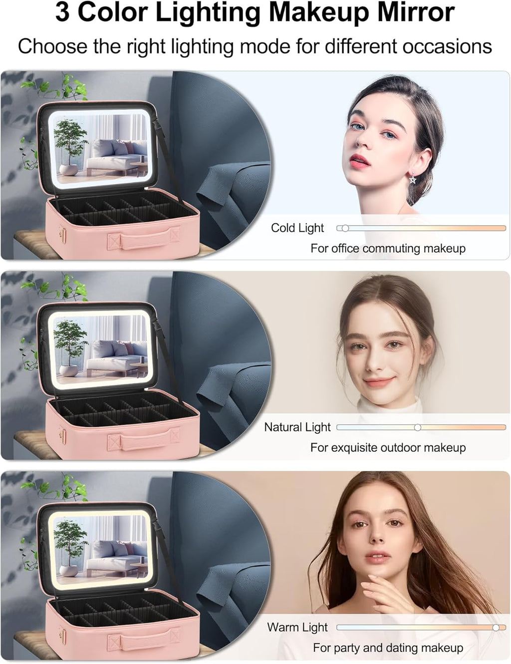 Relavel Makeup Bag with LED Mirror, 16.2 inches Large Makeup Case Travel Portable Cosmetic Organizer Vanity Case for Women, Rechargeable Lighted Mirror Professional Makeup Artists Storage Box (Pink)