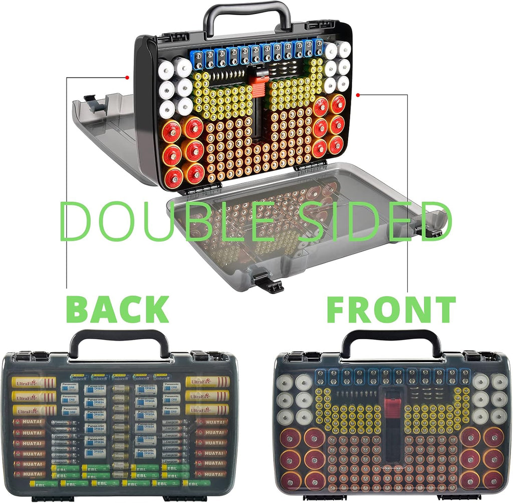 Battery Organizer Storage Holder Box Case with Tester- 269 Batteries Double-Sided Variety Pack, Holds AA AAA 4A C D Cell 9V 3V Lithium LR44 CR2 CR123 CR1632 18650 Button- Grey