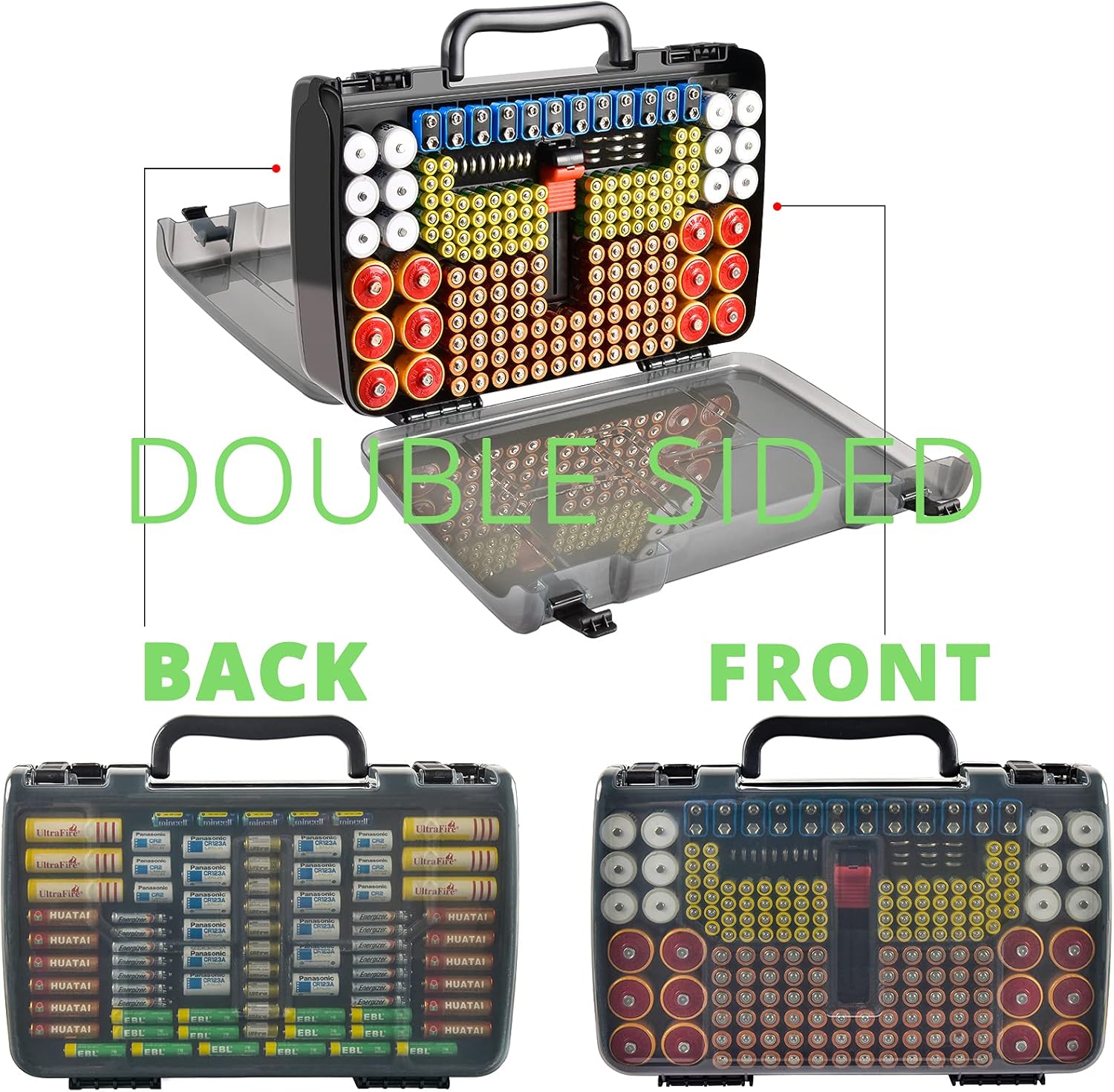 Battery Organizer Storage Holder Box Case with Tester- 269 Batteries Double-Sided Variety Pack, Holds AA AAA 4A C D Cell 9V 3V Lithium LR44 CR2 CR123 CR1632 18650 Button- Grey