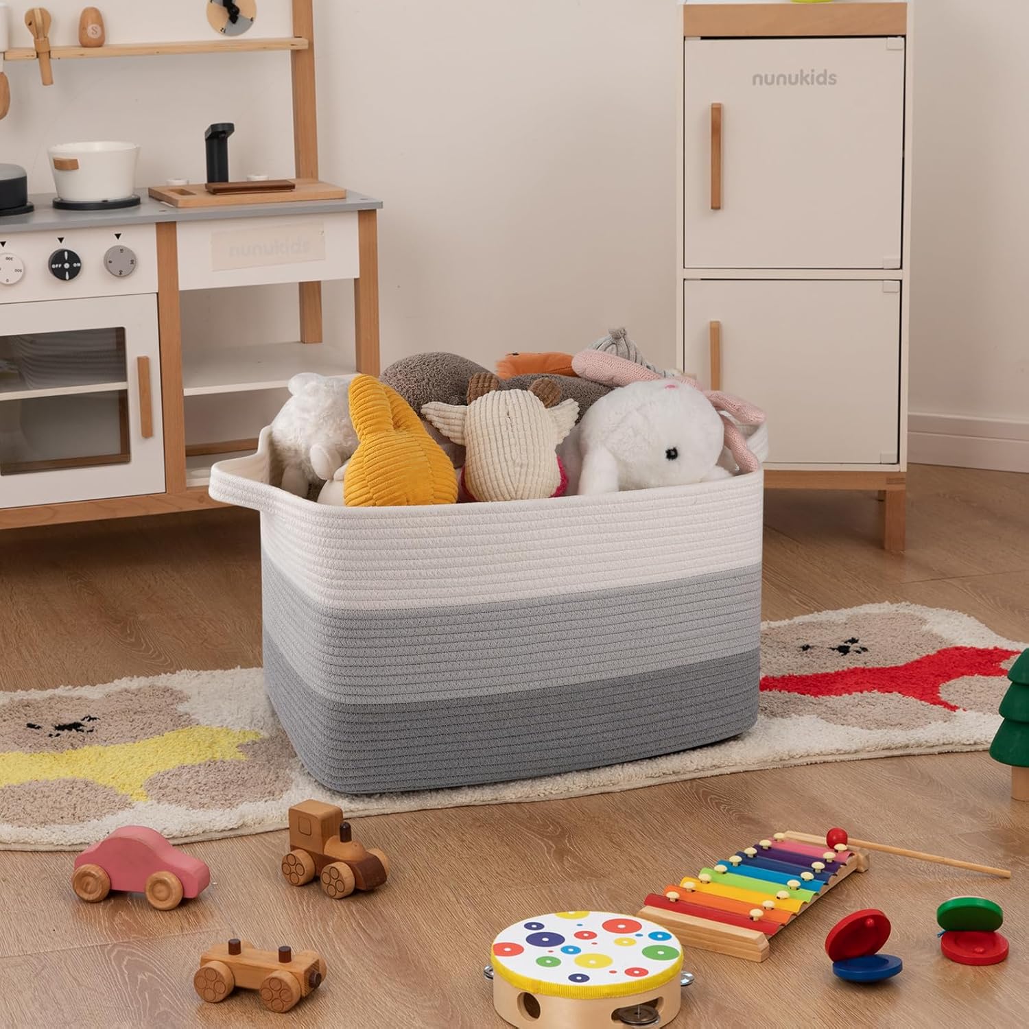 OIAHOMY Cotton Rope Basket, Rectangle Woven Baskets for Storage, Nursery Blanket Storage Living Room, Toy Basket With Handle-17.7”x13.8”x11”-Gradient Grey