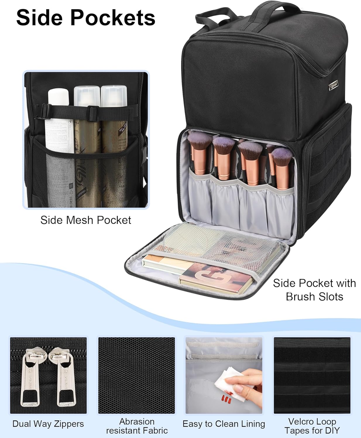 Relavel Makeup Backpack Large Makeup Bag with 3 Clear Set Bags, Dual Layer Professional Cosmetic Organizer Travel Train Case Makeup Artist Kit with Adjustable Dividers & Easy to Clean Lining, Black