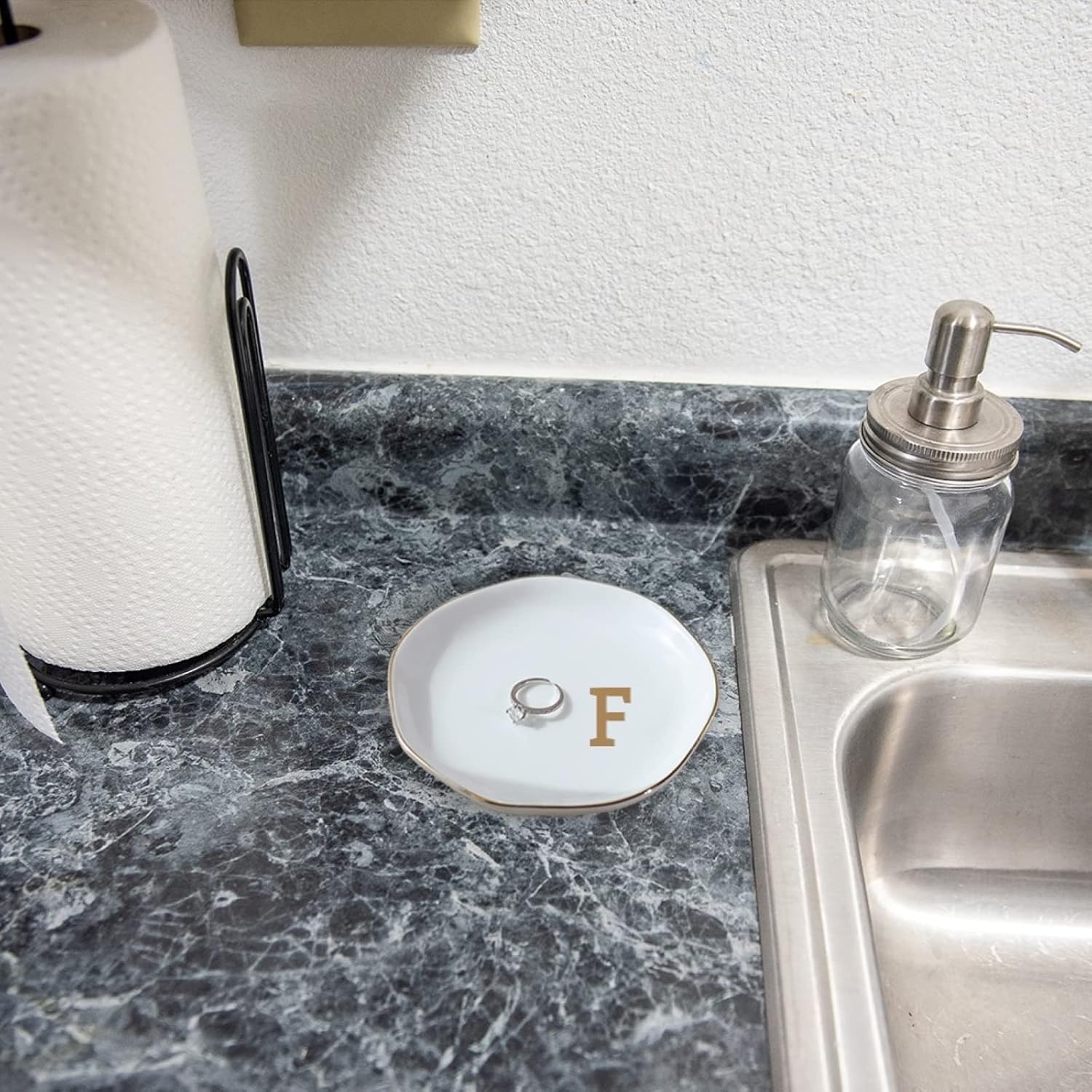 Initials Ring Dish Jewery Tray with Personalized F-Monogrammed Gifts Wedding Engagement for Women Friends Sister,Ceramic White