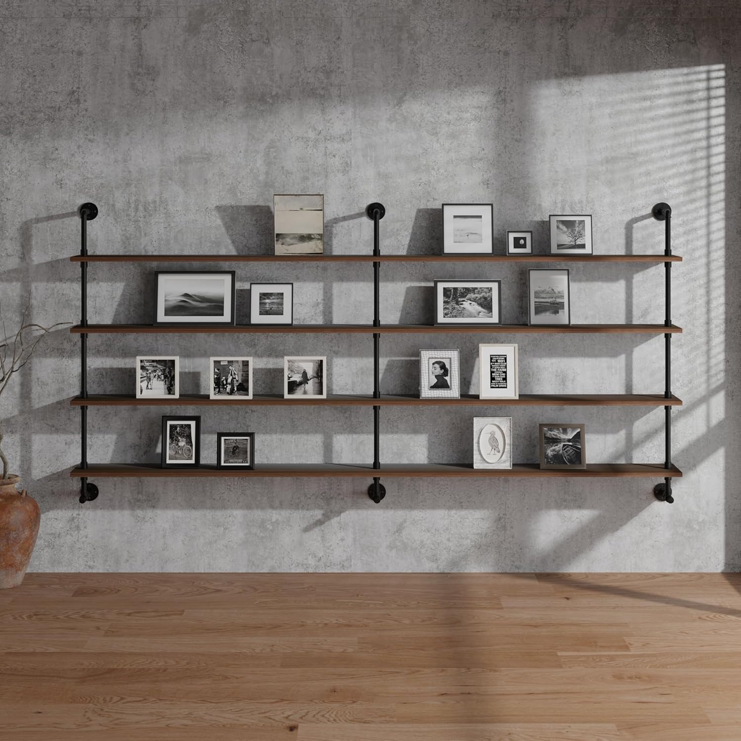 Industrial Pipe Wall Shelves Pipe Shelving with Real Wood Plank ,60 Inches Floating Shelves for Wall Farmhouse Pipe Book Shelves Dark Brown 4 Tier for Kitchen,Living Room Decor and Bar Shelving