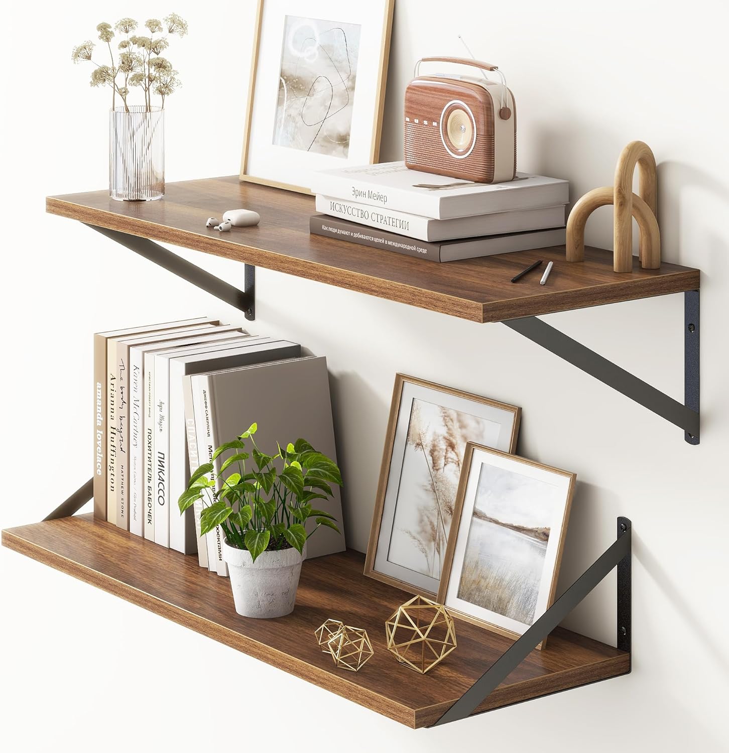 10 Inch Deep Floating Shelves, Walnut Floating Shelves 30 Inch Long, Rustic Wood Wall Shelves 30"W x 10"D, Deep Floating Shelf with Bracket, Wide Storage Shelves for Books, Living Room, Bathroom