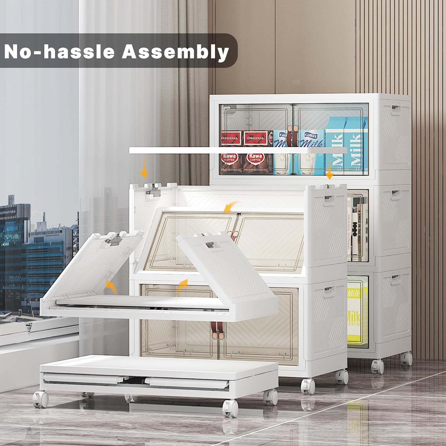 330Qt Stackable Storage Bins with Lids, 6 Pack Collapsible Bins with Wheels, Plastic Cabinet with Doors, Foldable Closet Organizers and Storage for Home, Dorm, Office, White