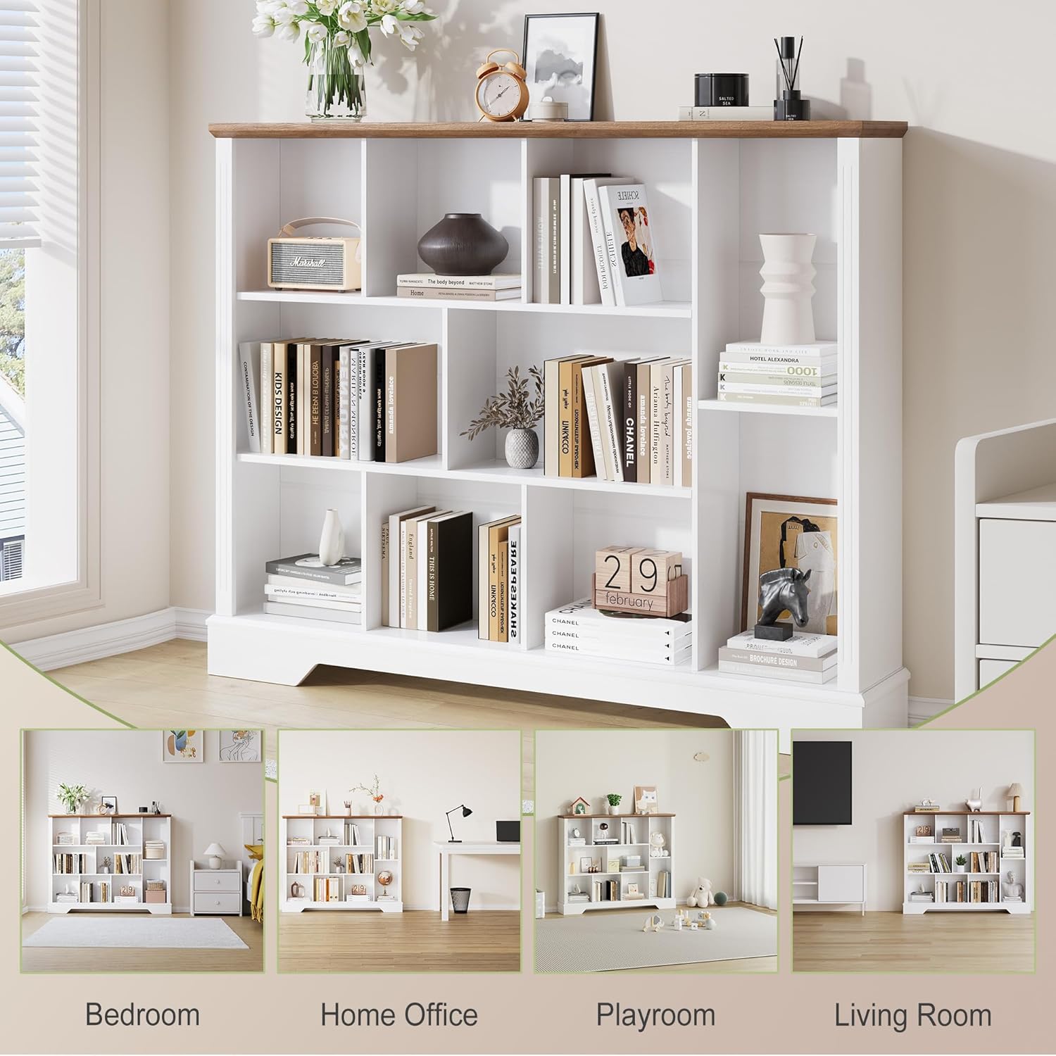 10 Cube Storage Bookcase, Modern 3-Tier Wooden Storage Organizer Open Bookshelf with Base for Living Room, Bedroom, Home Office