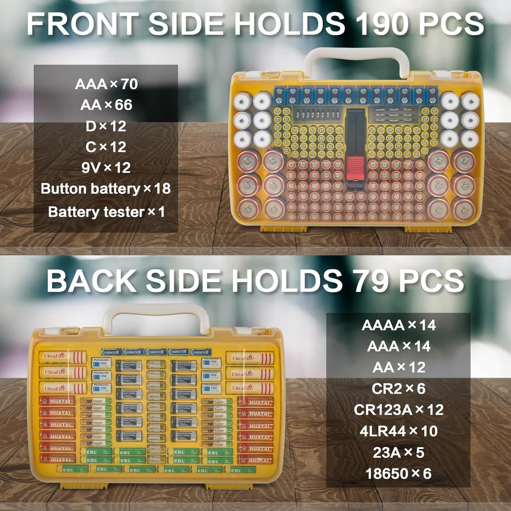 Battery Organizer Storage Holder Case with Double-Sided, Garage Box with Tester Checker. Batteries Container for 269pcs AA AAA AAAA 3A 4A 9V C D Lithium 4LR44 CR2 CR123A CR1632 CR2032 18650 - Yellow