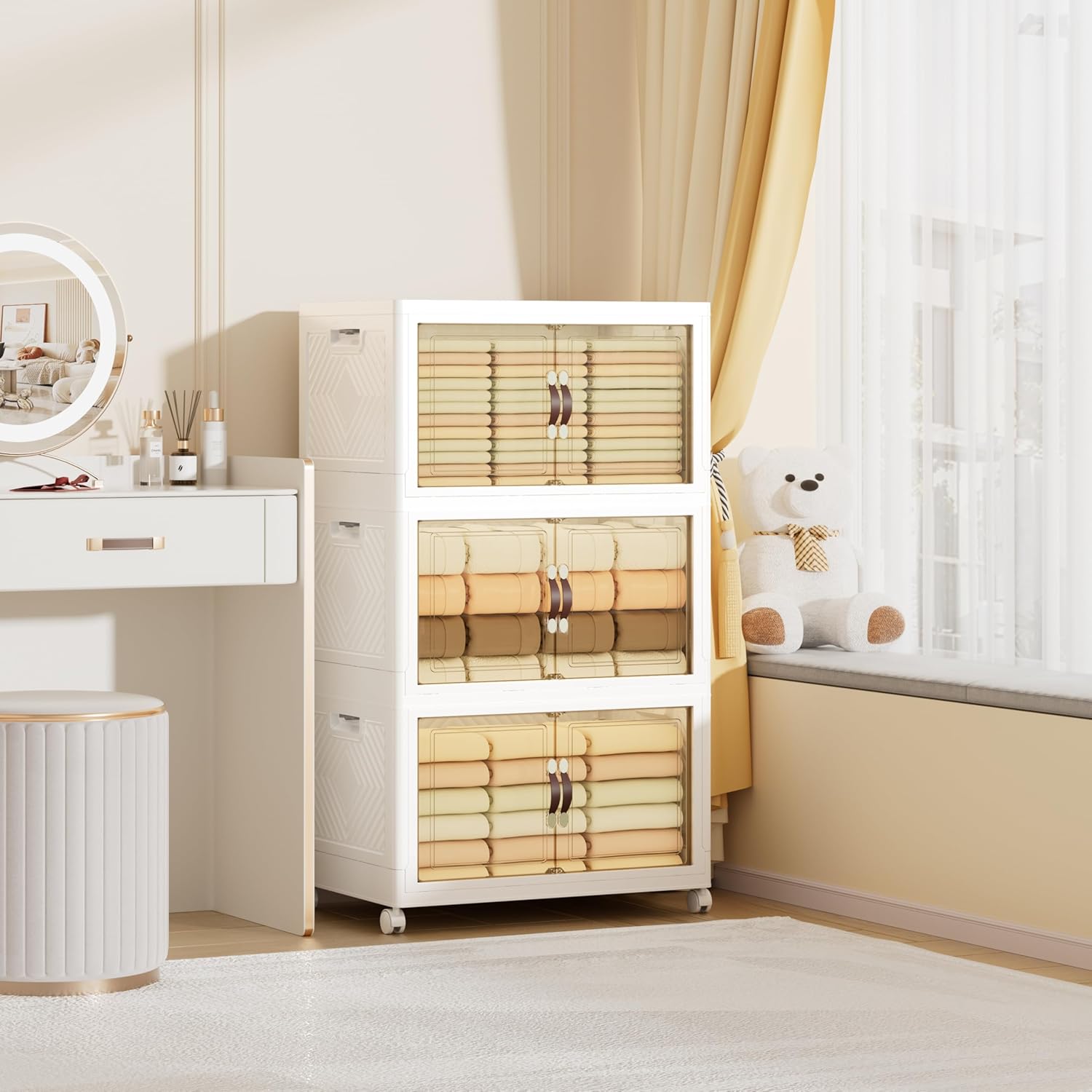 252 QT / 63 Gal Heavy Duty Double Door Storage Cabinet - Magnetic Closure, Foldable Stackable Design with Wheels & Leather Handles, Plastic Organizer for Garage/Bedroom