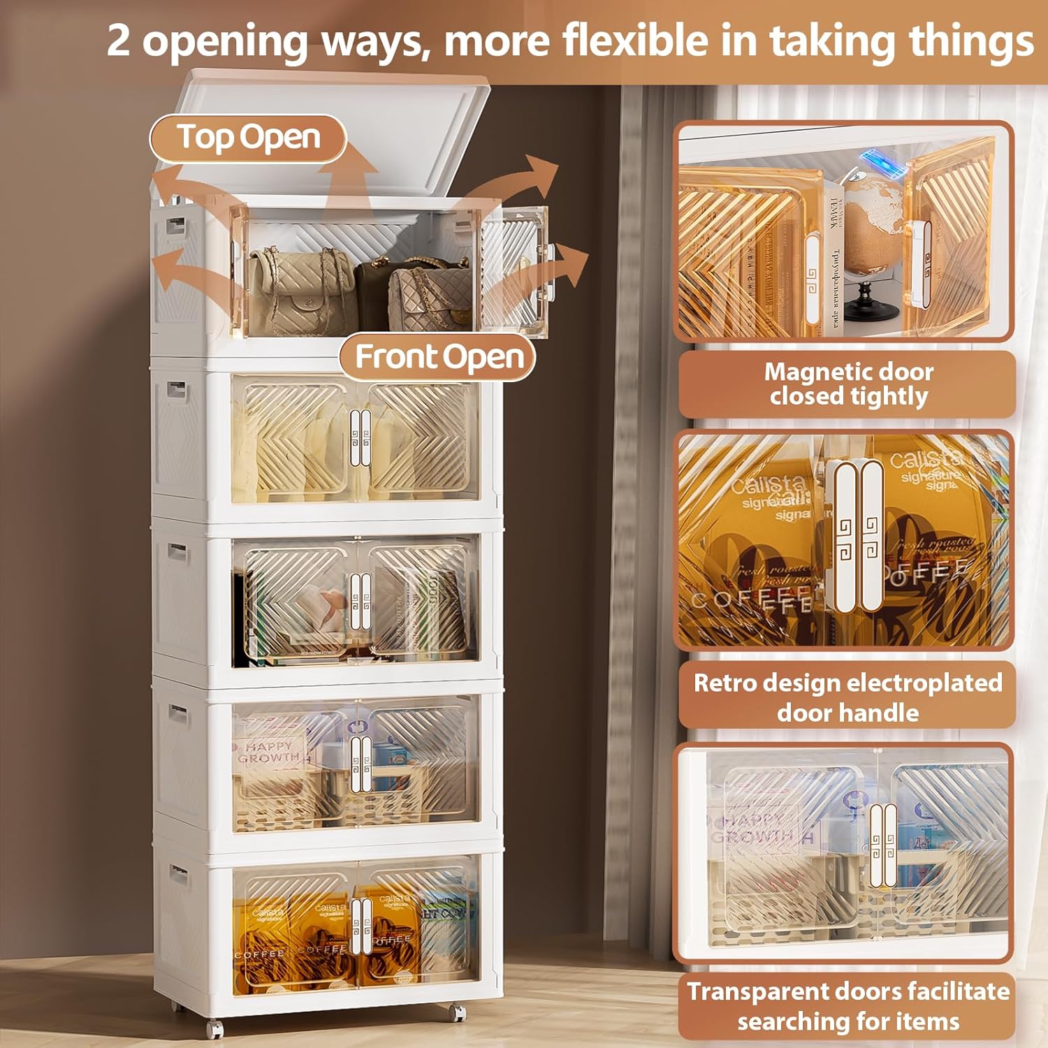 Storage Bins with Lid 76QT, Stackable Storage Containers with Wheels and Magnetic Doors, Plastic Clothes Closet Organizers and Storage Box for Home and Office (5 Pack)