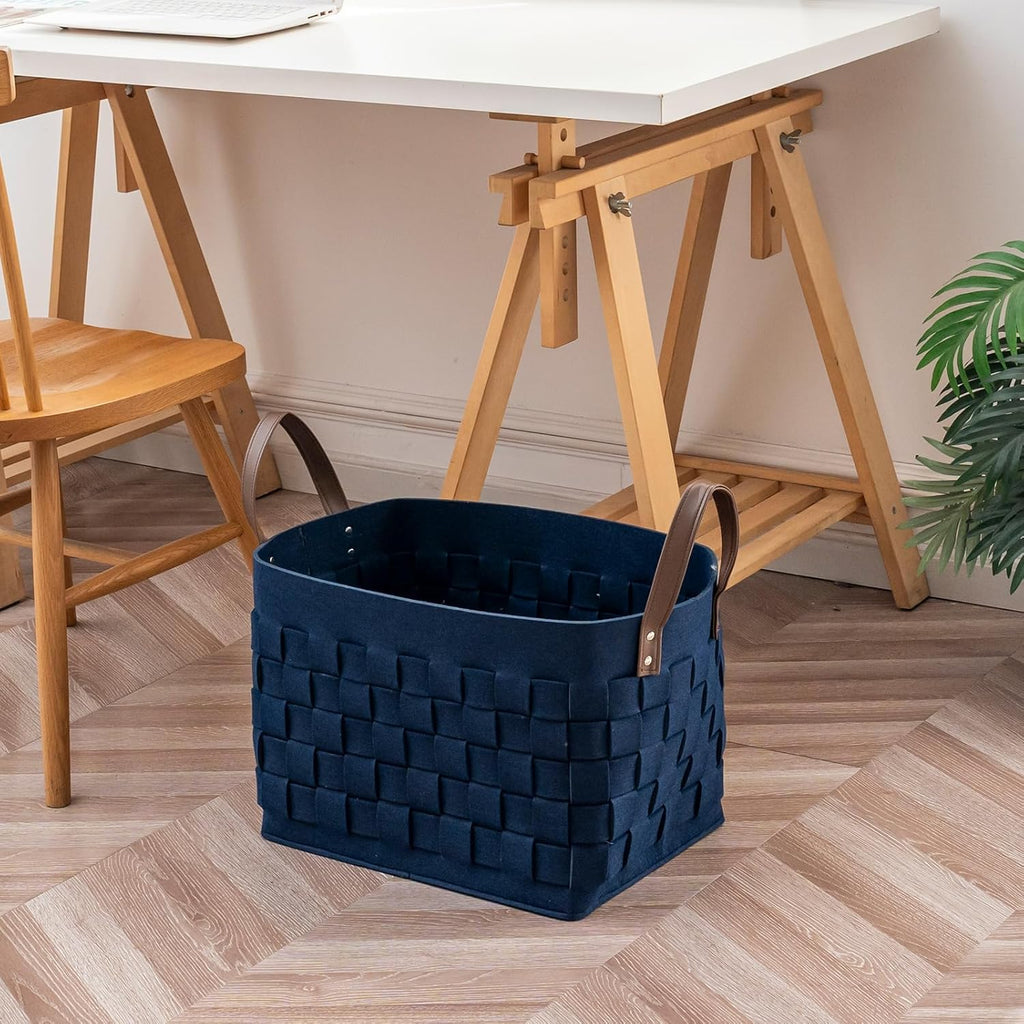 boldmonkey Blankets Basket 16.5 " x13 x13 , Extra Large Rectangular Laundry Hamper with Leather Handle, Soft Dog Toy Basket for Storage-Navy Blue