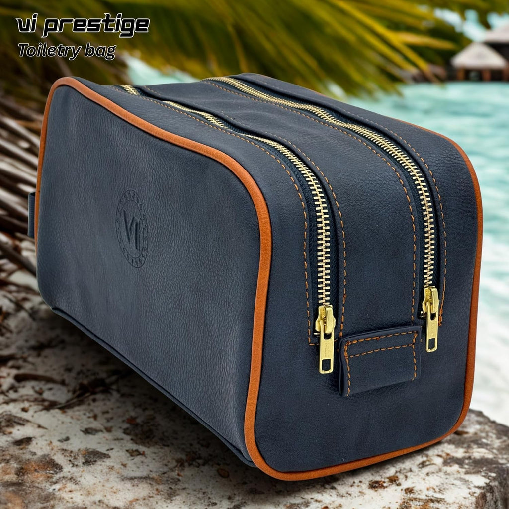 Dopp Gift Large Travel Toiletry Bag Premium Quality PU Leather Two compartments YKK Zippers Water-resistant Bottom Studs Mesh Pockets Durable Cosmetic Organizer NAVY BLUE/ORANGE