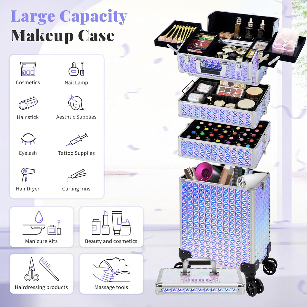 AROUS 5 in 1 Rolling Makeup Train Case Cosmetology Case on Wheels Large Cosmetic Organizer Travel Cart for Hairstylist Artist Nail Beauty Salon Barber,Silver