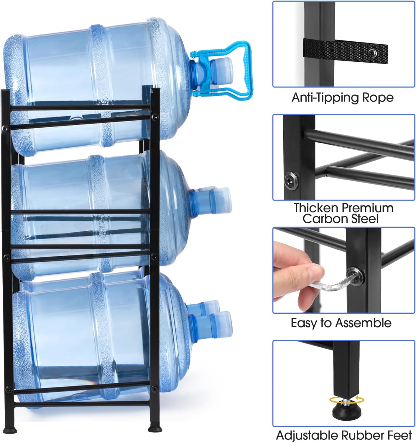 Klvied 5 Gallon Water Jug Holder - 3 Tier Rack, Heavy Duty Stand for 6 Bottles with Lifter and Cap