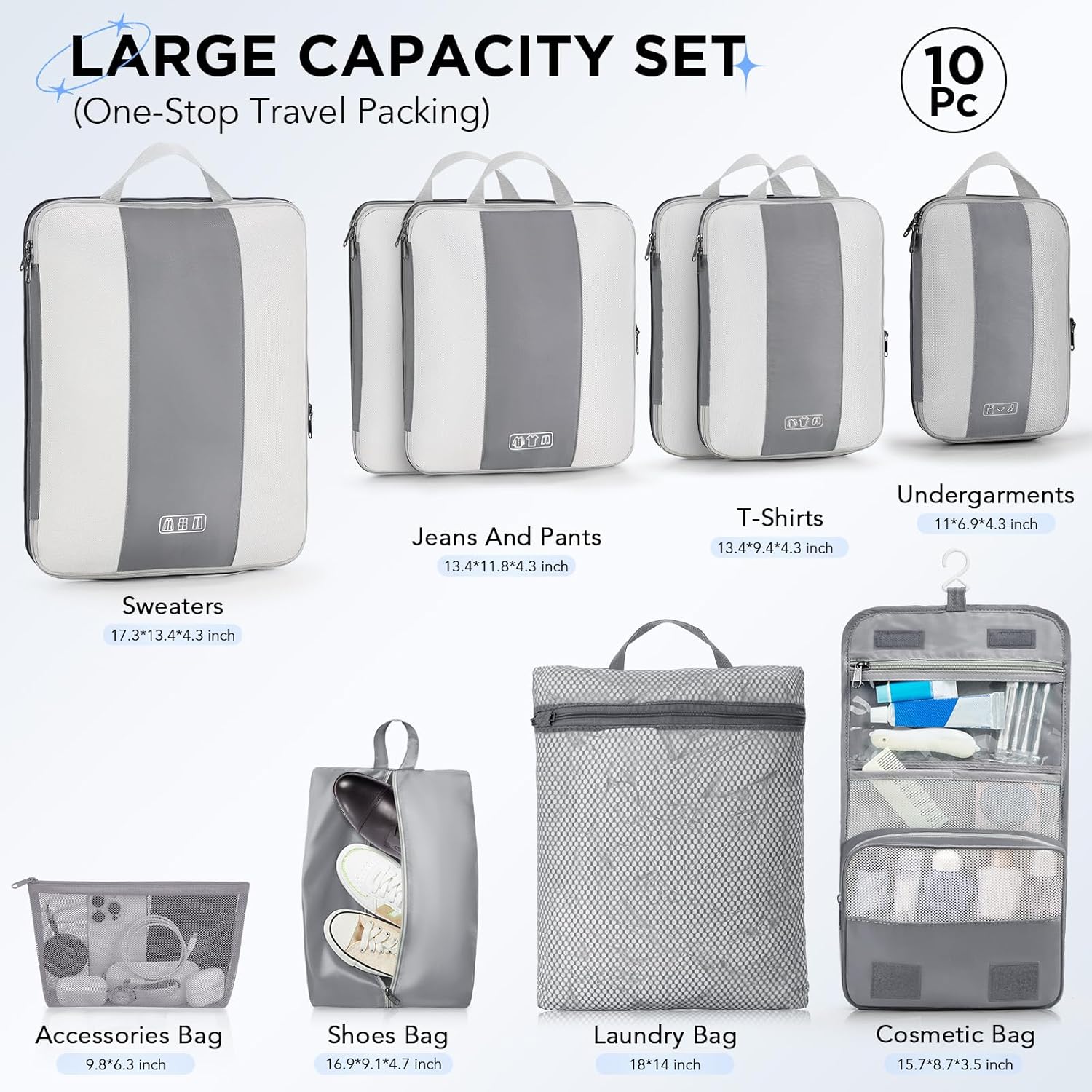 10 Set Compression Packing Cubes for Travel Essentials,Compressible Expandable Packing Cubes for Suitcase,OlarHike Luggage Organizer Bags for Travel,Handy Helper for Organizing Clothes(Gray)