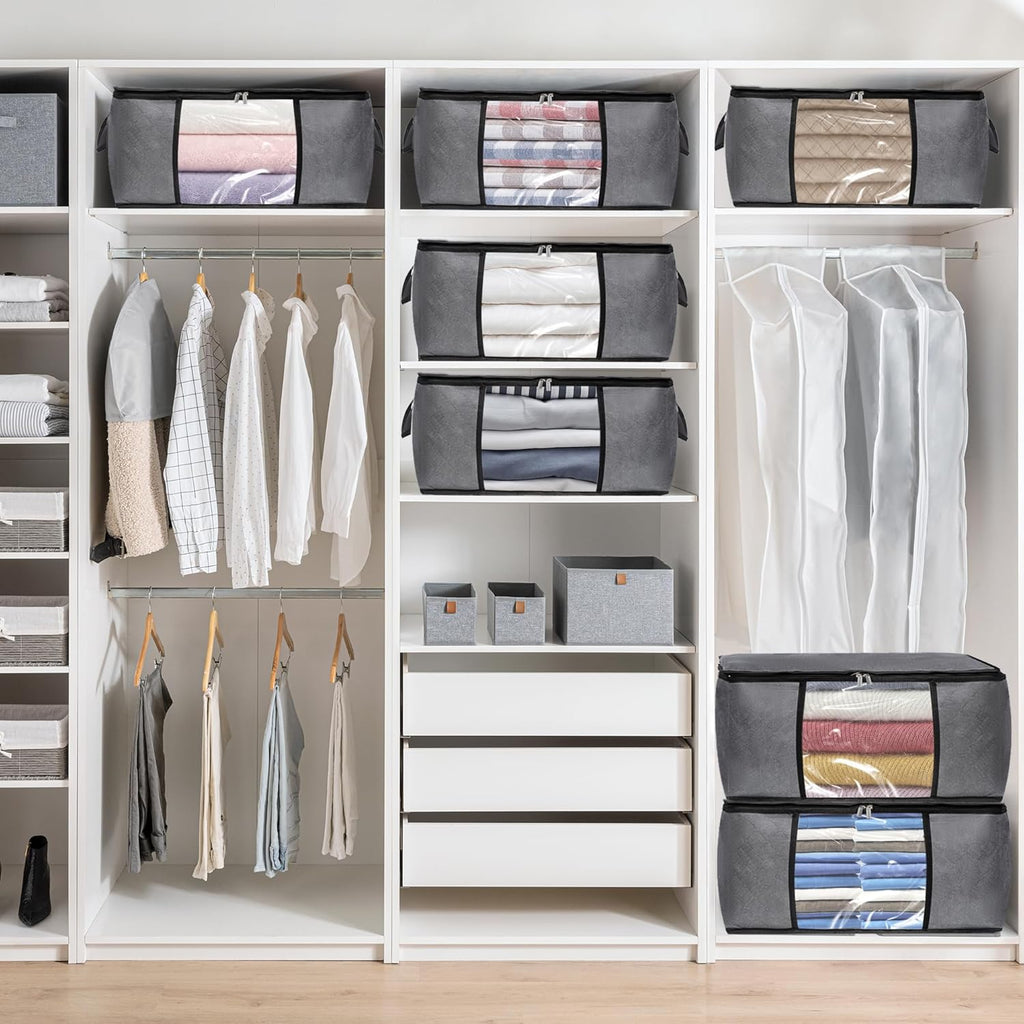 10 Pack Clothes Storage Bags with Zipper, 45L Foldable Blanket Storage Box with Clear Window Sturdy Handles for Closet, Dorm, Pillows, Bedding, Sheet, Comforter, Gray