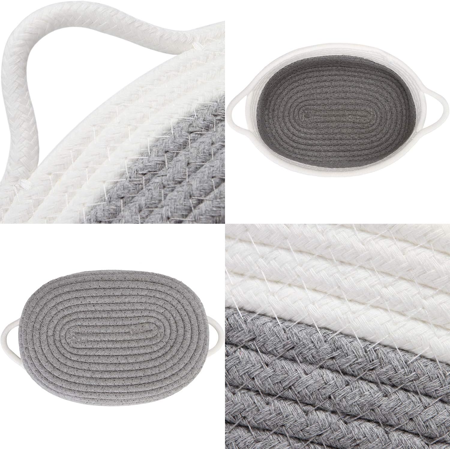 Sea Team 2-Pack Cotton Rope Baskets, 10 x 7 x 4 Inches Small Woven Storage Basket, Fabric Tray, Bowl, Oval Open Dish for Fruits, Jewelry, Keys, Sewing Kits (Grey & White)