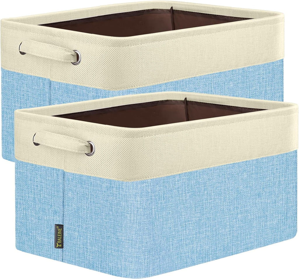 BALEINE 2 Pack Fabric Storage Bins for Shelves, Linen Storage Baskets for Organizing, Decorative Closet Bins for Clothes, Home (Skyblue, 14''x10''x8.5'')