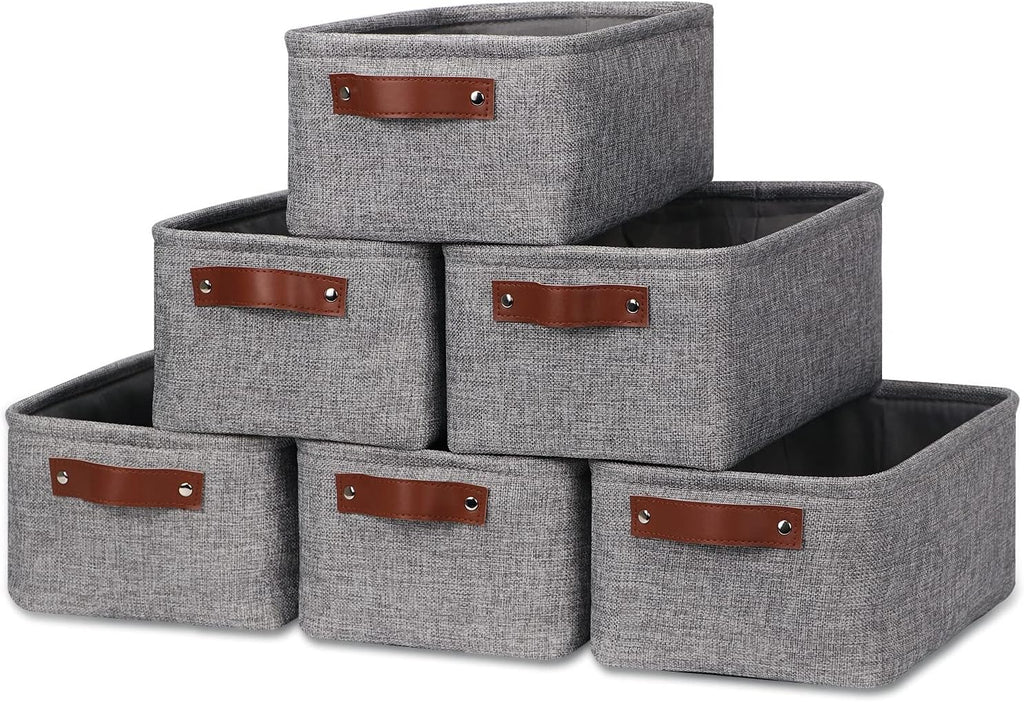 HNZIGE Foldable Fabric Storage Baskets (6pack), Empty Gift Baskets with Leather Handles, Decorative Organizers for Closet (Gray, 11.8" x 7.8" x 5.1")