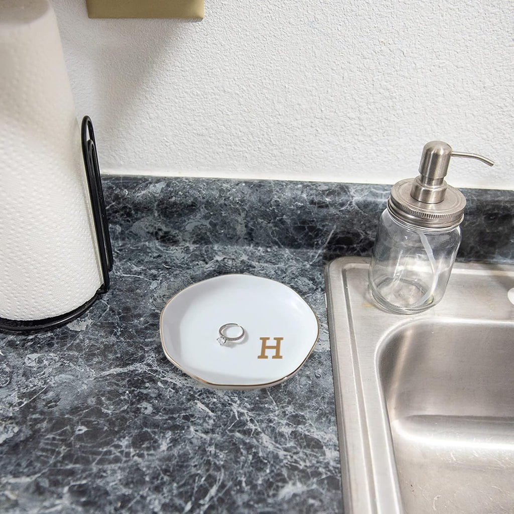 Initials Ring Dish Jewery Tray with Personalized H-Monogrammed Gifts Wedding Engagement for Women Friends sister,Ceramic White