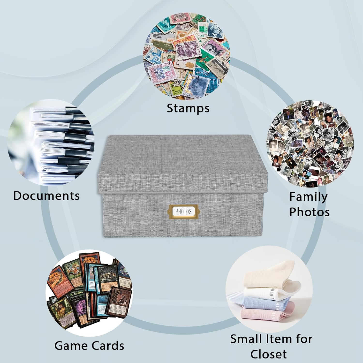 Decorative Photo Storage Box - Linen Photo Box Organizer with Dividers, Fits Holds Up to 1700 Pictures and 4x6 Photos, Memory Keepsake Organizer for Photos, Scrapbook Supplies, Cards, Stamps (Grey)