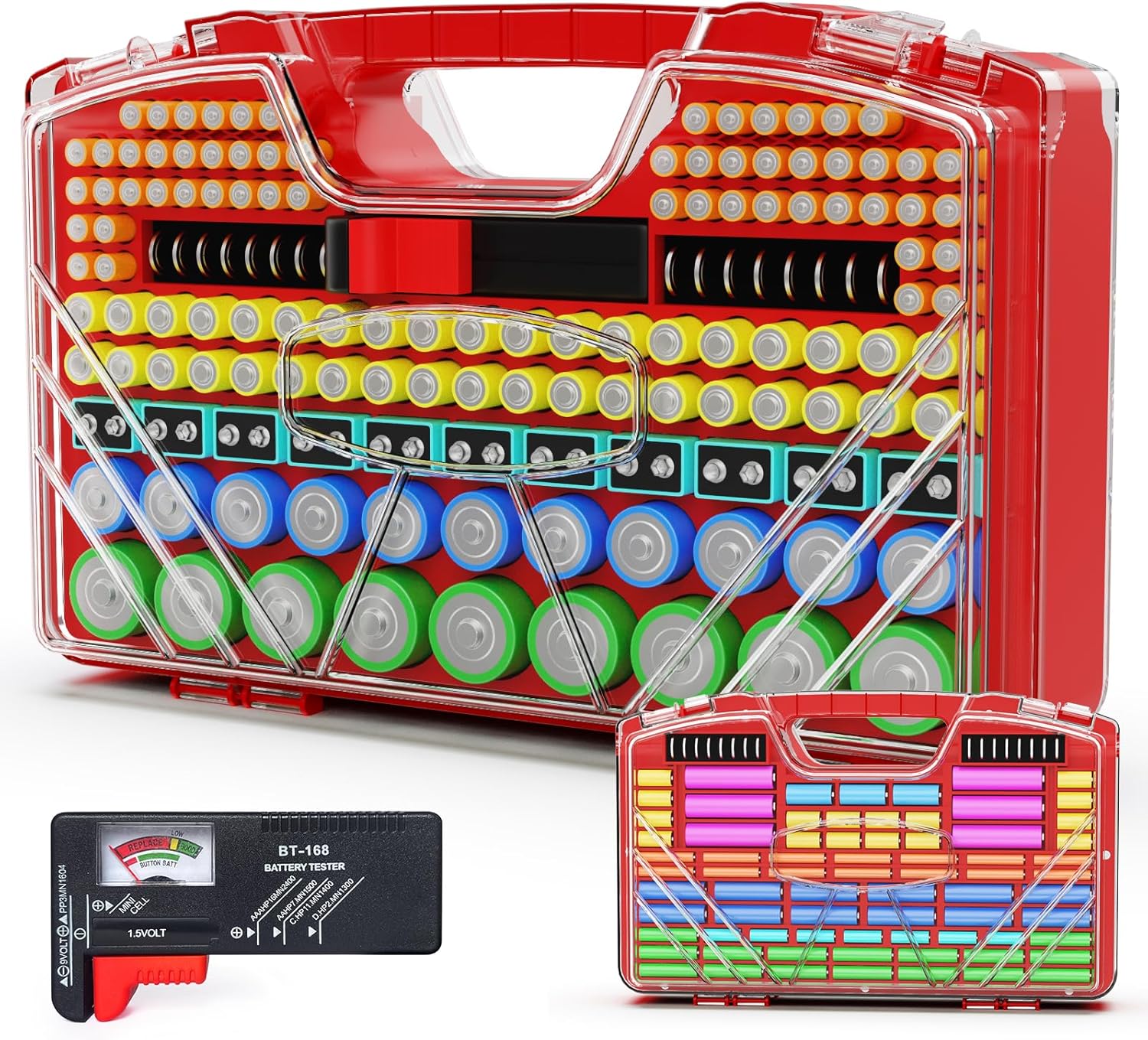 Battery Organizer Storage Holder Box Case with Tester, New Ultra-Large 285+Batteries Double-Sided Variety Pack, Holds AA AAA 4A C D Button Cell 9V 3V CR123 CR1632 LR44 Lithium18650 CR2 Red