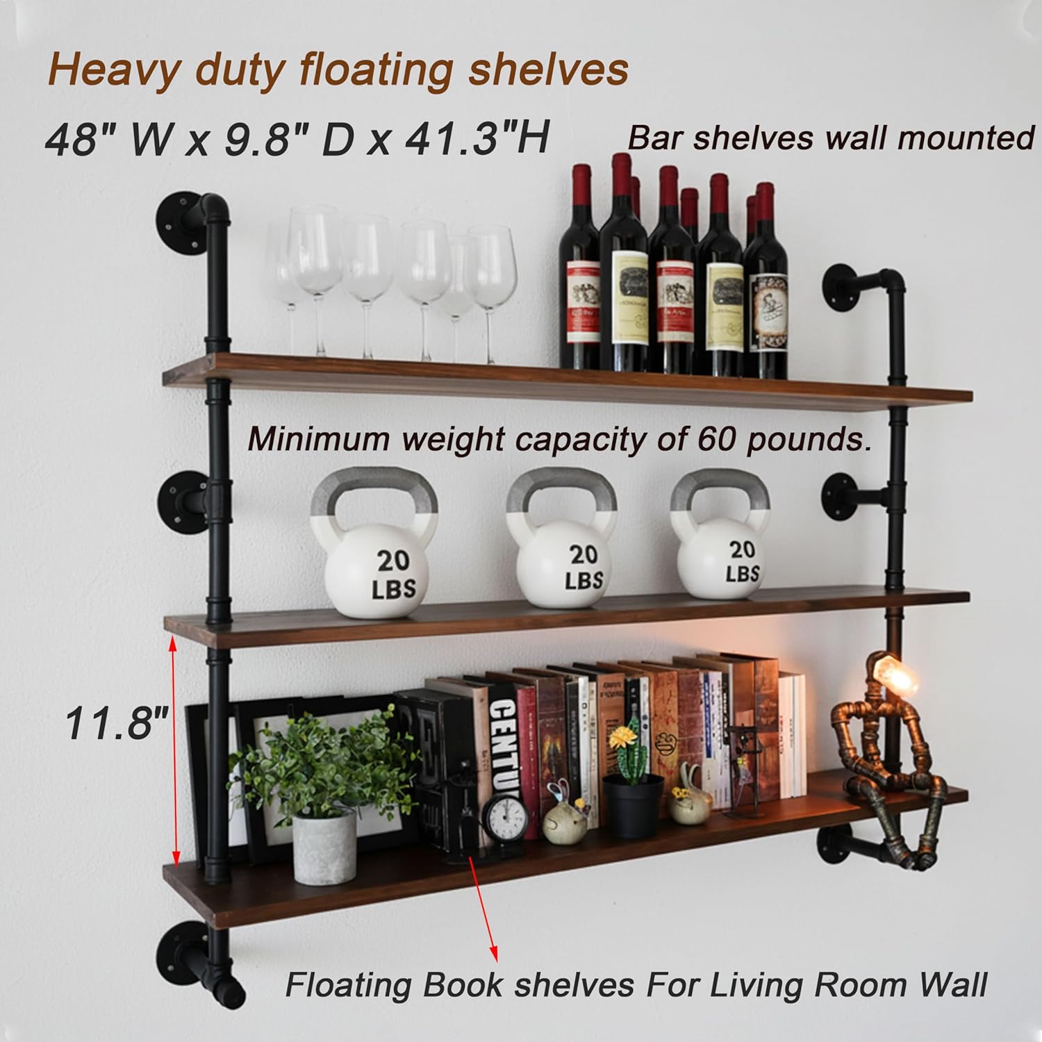 Industrial Pipe Wall Shelves Pipe Shelving with Real Wood Plank ,48 Inches Floating Shelves for Wall Farmhouse Pipe Book Shelves Dark Brown 3 Tier for Kitchen,Living Room Decor and Bar Shelving