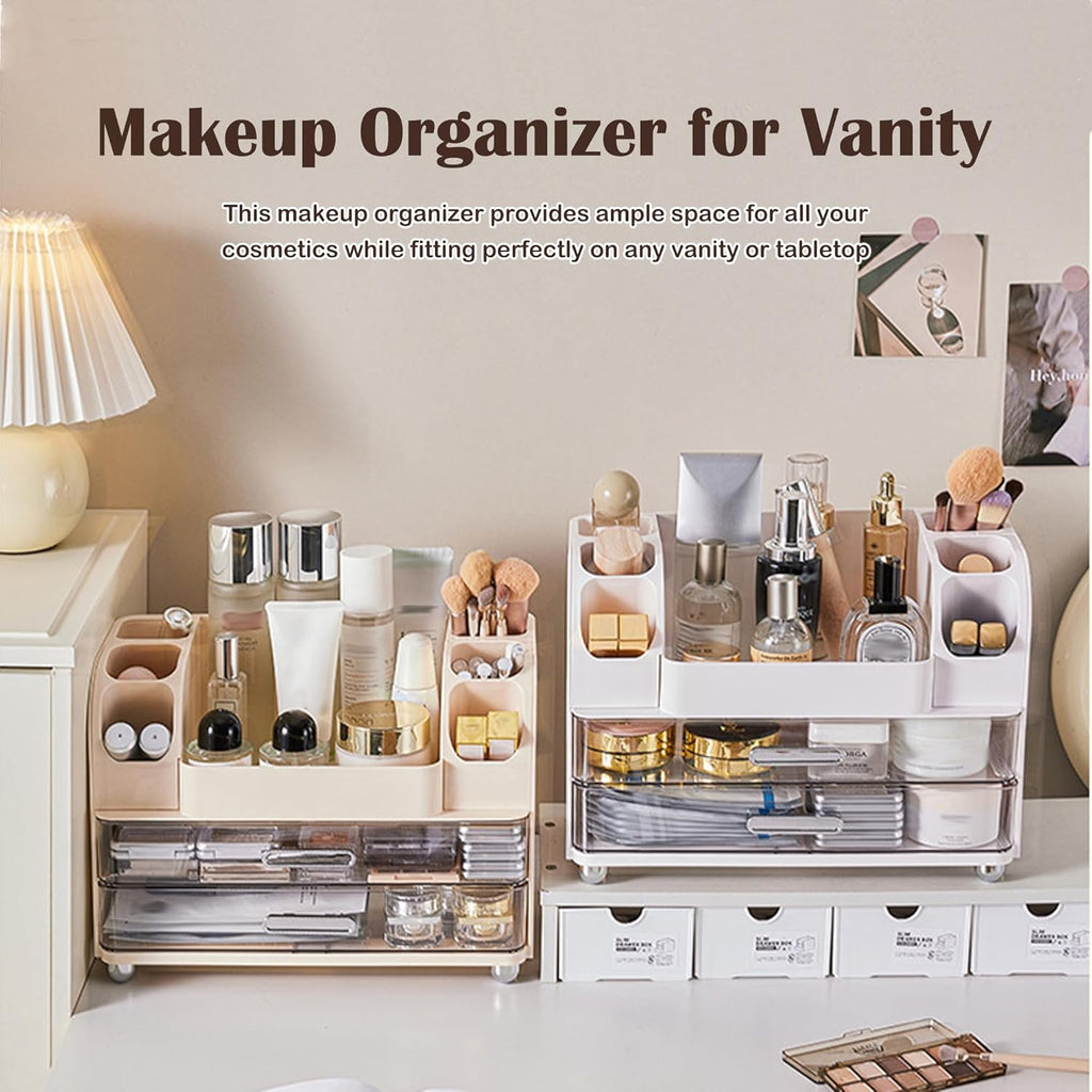 Large Makeup Organizers Countertop for Vanity, Bathroom Make Up Storage with Brush Holder, Cosmetic Display Case with 2 Drawers for Skincare,Lipstick (Cream White)