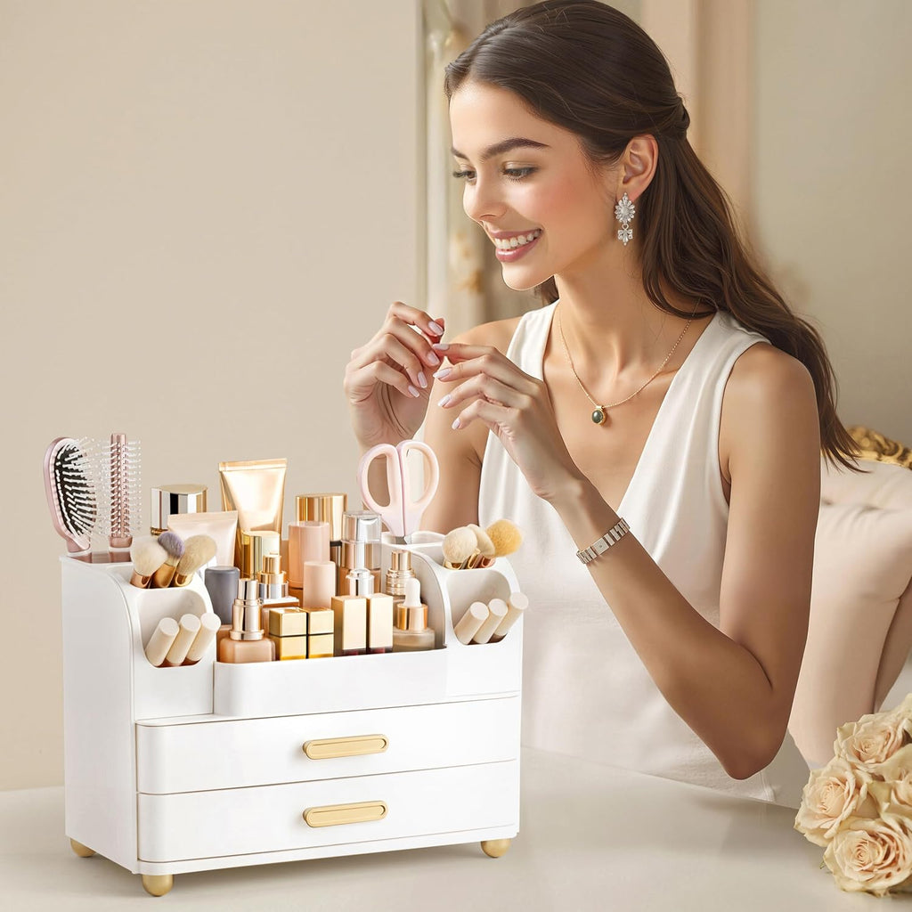 HBlife Makeup Organizer for Vanity with Brush Holder, Large Bathroom Countertop Cosmetic Organizer Skin Care Storage, Easy to Store Lipsticks, Nail Polishes, Perfumes, Eyeshadow Palettes, All White