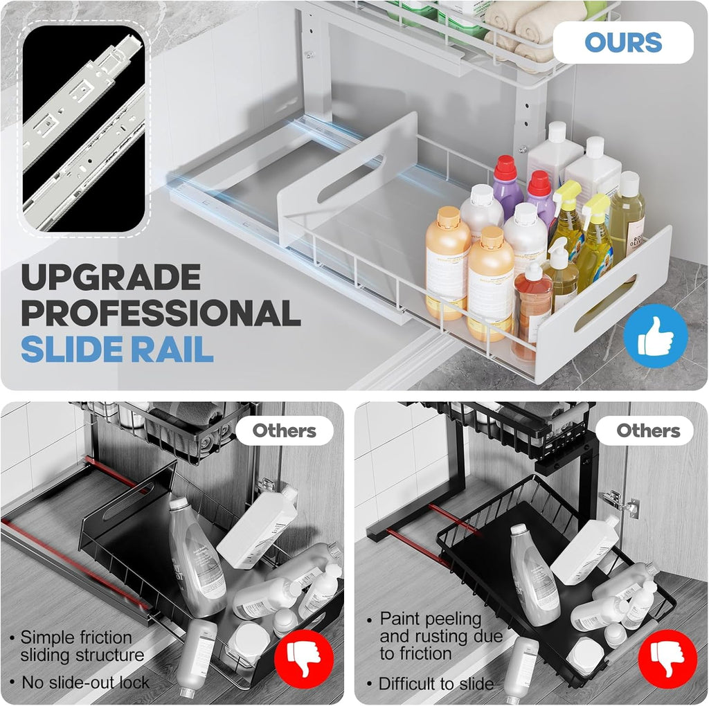 1 Pack Under Sink Organizer Upgrade To Professional Rails,2-Tier Dual Pull Out Cabinet Storage,Height Adjustable Slide Out Drawers For Bathroom Kitchen,Under Sink Shelf-White