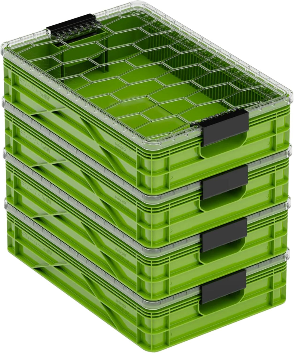 SIDIO Quarter Crate 4 Pack of Stackable Storage Bins - Organizer Bins with Dividers for Garage Organization, Home Storage - Heavy Duty Plastic Containers - 19.16” x 12.75”x 4.57” (Slime)