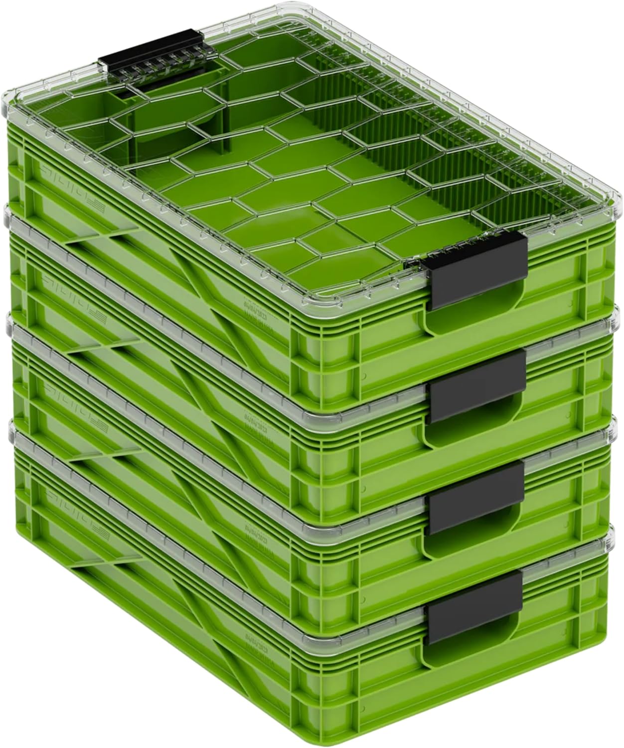 SIDIO Quarter Crate 4 Pack of Stackable Storage Bins - Organizer Bins with Dividers for Garage Organization, Home Storage - Heavy Duty Plastic Containers - 19.16” x 12.75”x 4.57” (Slime)