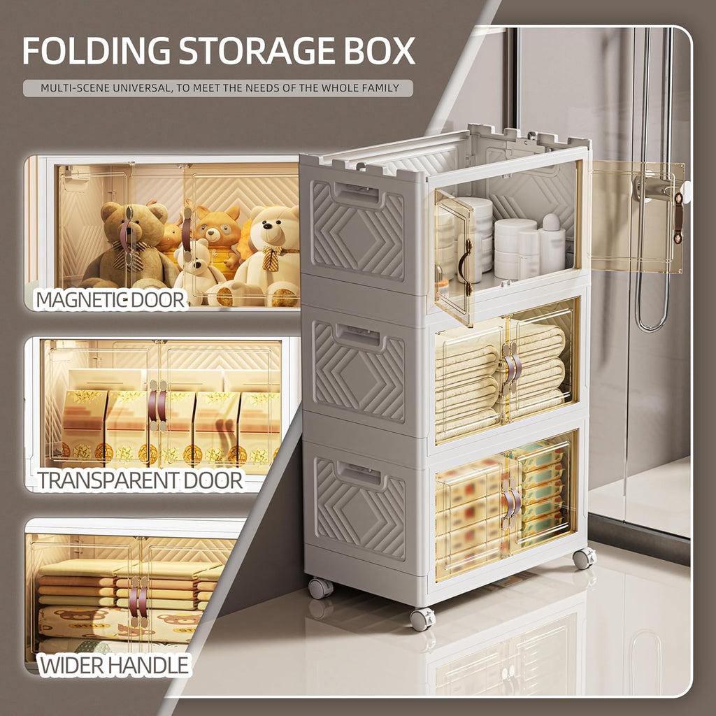 200 QT / 50 Gal White Storage Bins with 1 Lid - Collapsible Stackable Cabinet Organizer w/Wheels & Magnetic Doors, Plastic Storage Box for Office Closet Organization