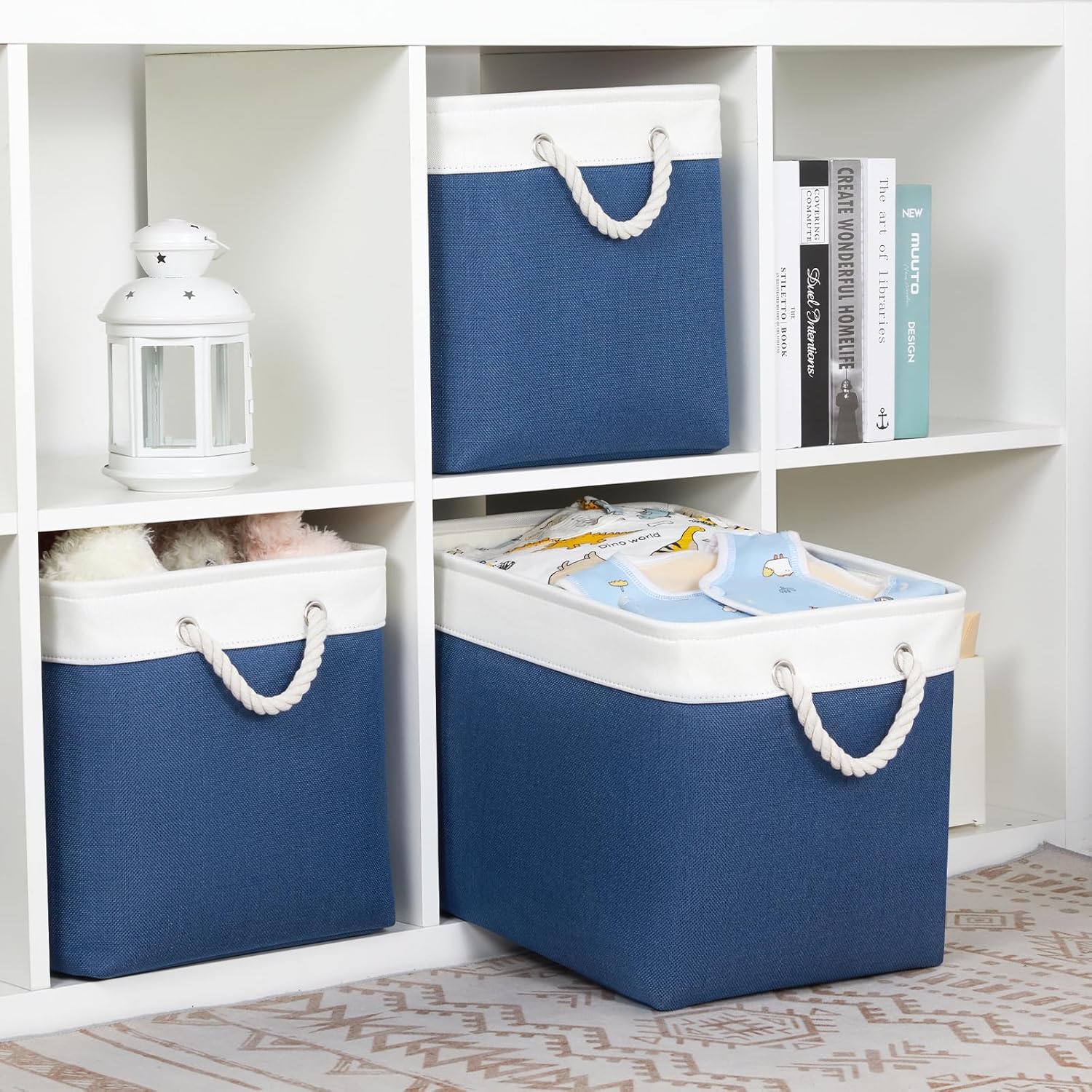 Bidtakay Large Storage Baskets for Shelves 3 Pack Fabric Storage Bins for Organizing Navy Blue Decorative Baskets Linen Collapsible Organizer for Closet