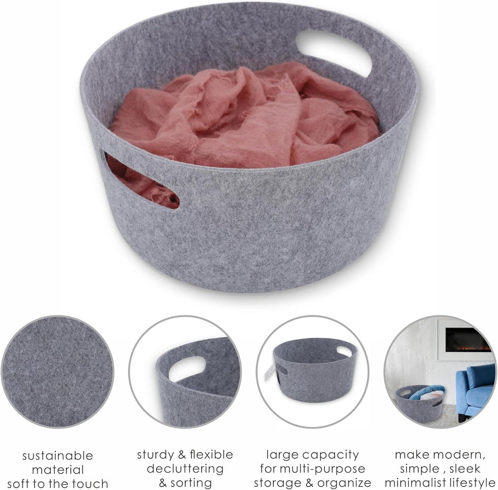 Welaxy Large Storage Basket Felt Open Storage Bins Desk Organize bin Shelf Box with Handles Light Weight for Magazines Books Junk Kids Toys Pet Toy Clothes Laundry Organizer Round (Gray)
