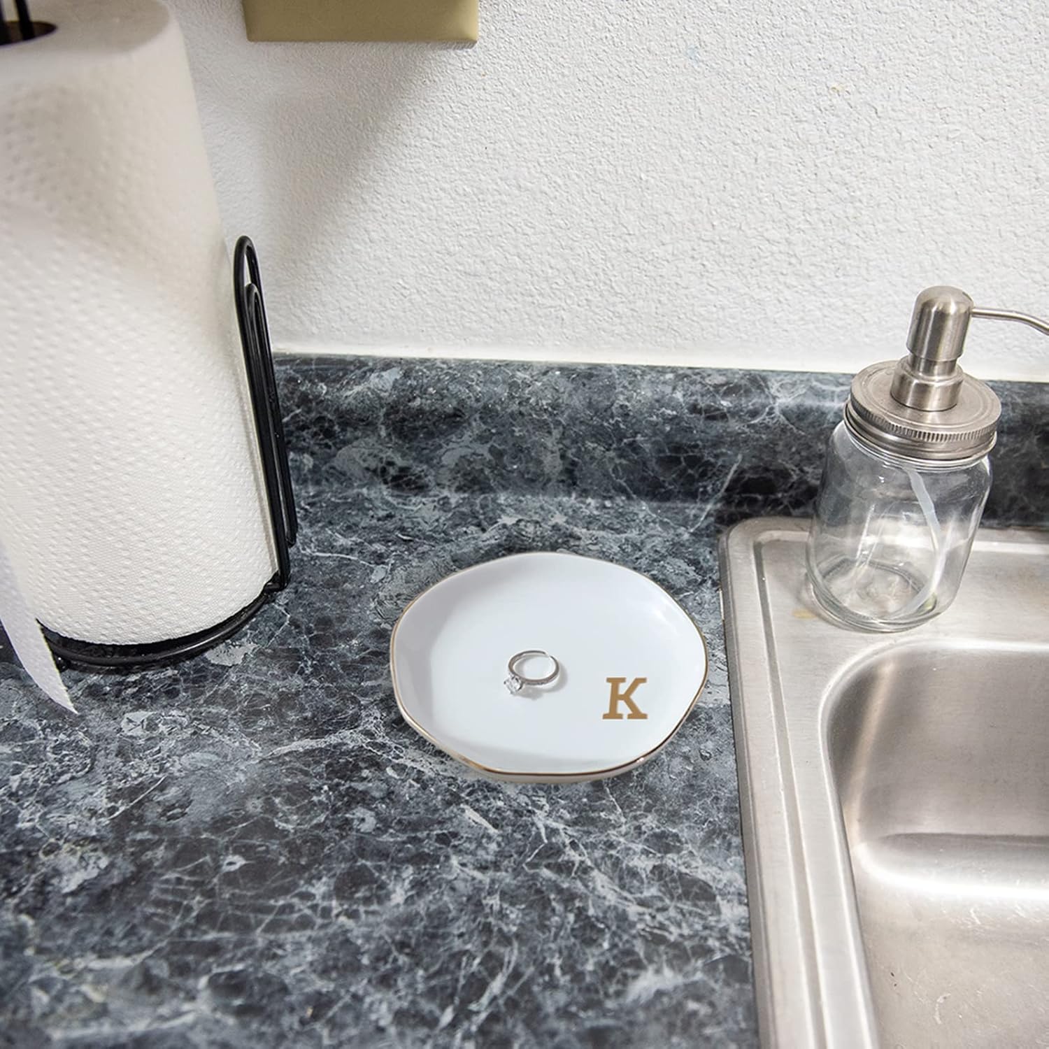 Initials Ring Dish Jewery Tray with personalized K-Monogrammed Gifts Wedding Engagement for Women Friends sister,Ceramic White