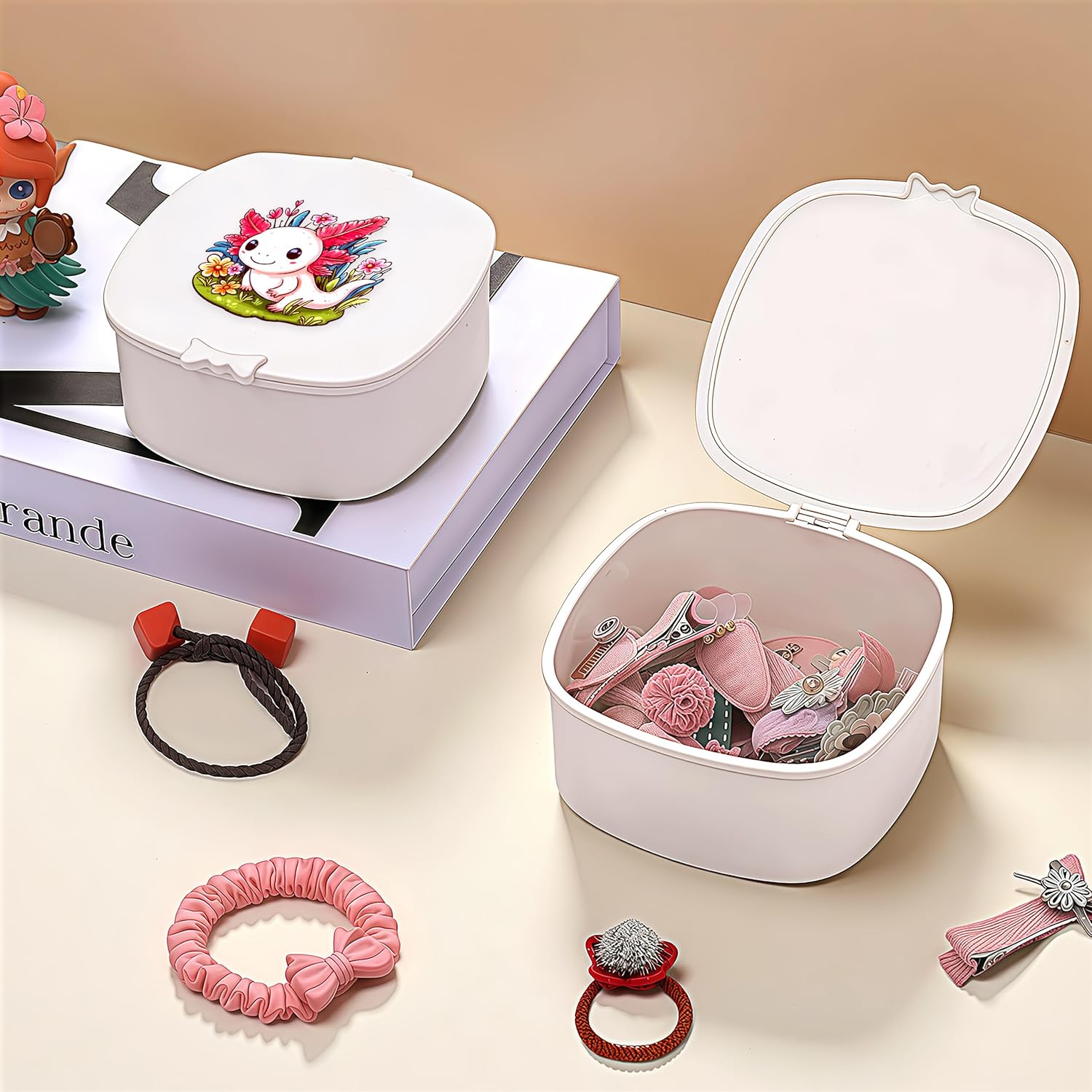 Small Hair Accessories Organizer Box For Girls Kids Teens Women, Hair clips/Ties/bands/pins/barrettes/scrunchies Organizer and Storage! (Axolotl)