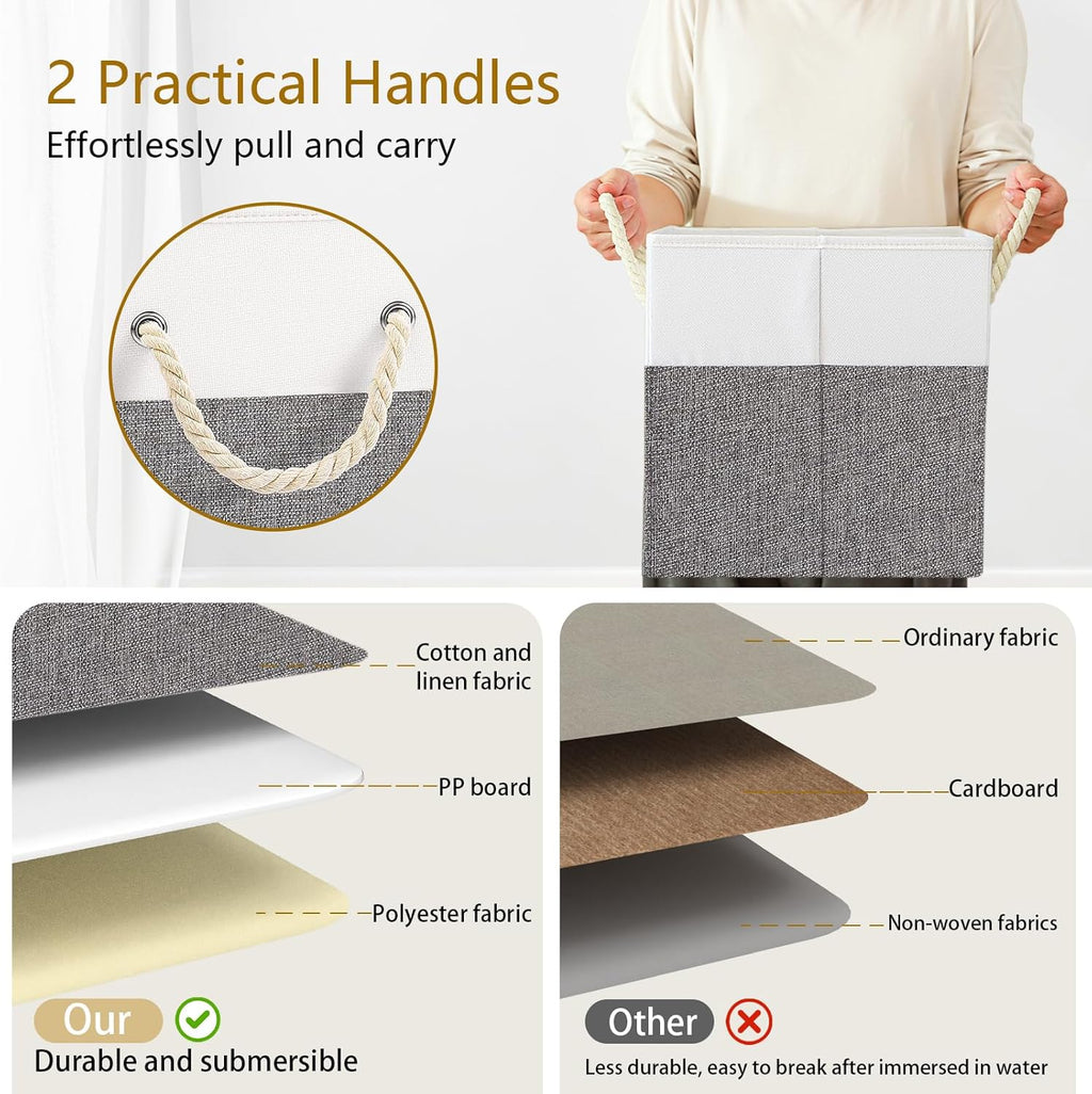 Yawinhe Foldable Storage Basket 3-Pack, Large Fabric Bins with Rope Handle, Used for Organizing Shelves, Closets, Clothes, 12.99''Lx9.05''Wx7.87''H, White/Grey