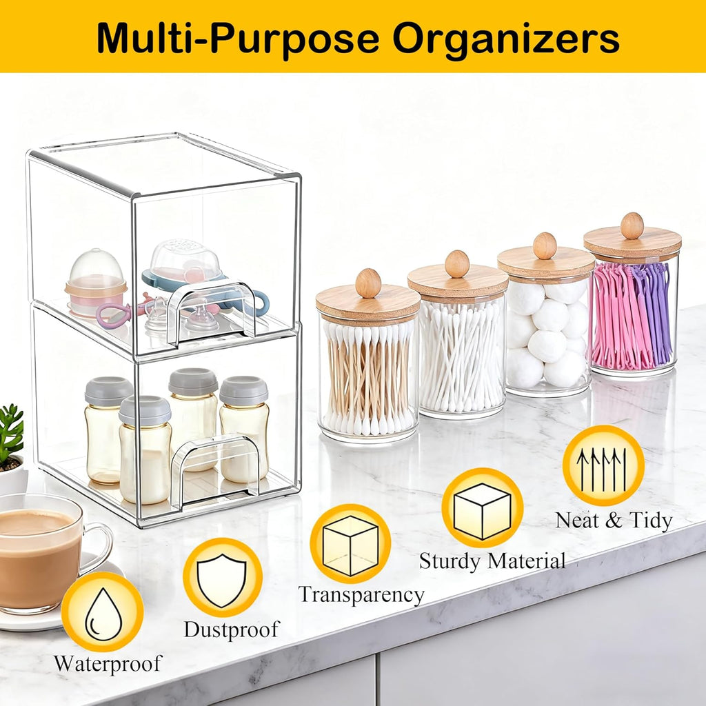 6 Pack Clear Stackable Storage Drawers & Qtip Holder Dispenser with Bamboo Lids, Clear Plastic Storage Containers for Bathroom, Vanity, Undersink, Kitchen Cabinets, Pantry, Home Organization