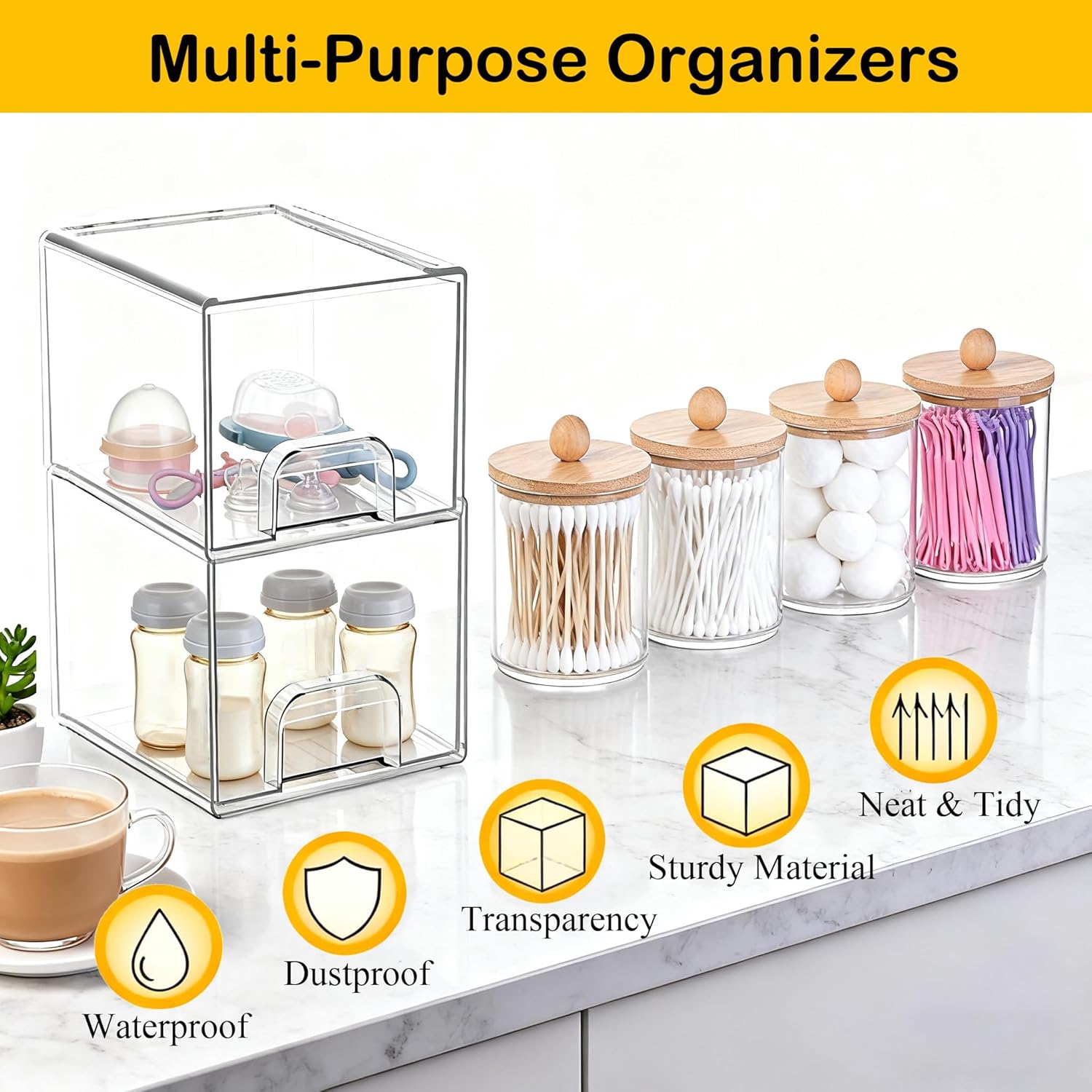 6 Pack Clear Stackable Storage Drawers & Qtip Holder Dispenser with Bamboo Lids, Clear Plastic Storage Containers for Bathroom, Vanity, Undersink, Kitchen Cabinets, Pantry, Home Organization