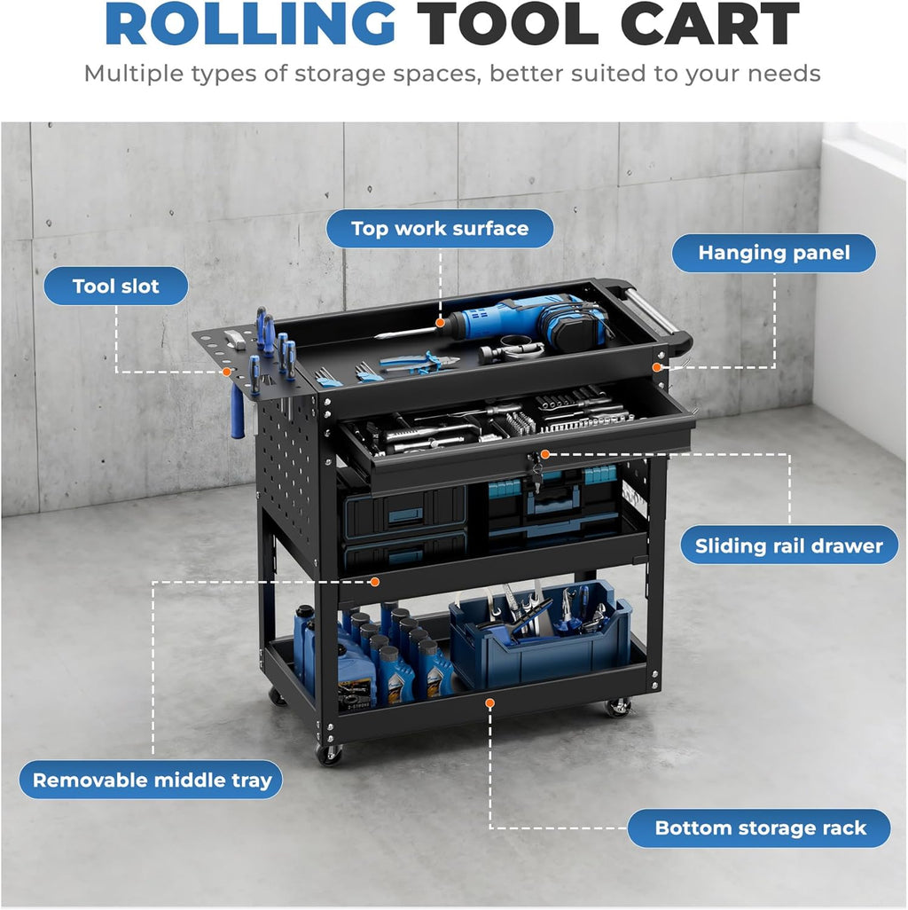 INTERGREAT Rolling Tool Cart, Heavy Duty Utility Cart on Wheels, Industrial Mechanic Carts with Drawers and Pegboard, 3-Tier Tool Storage Cart for Garage, Warehouse, Black