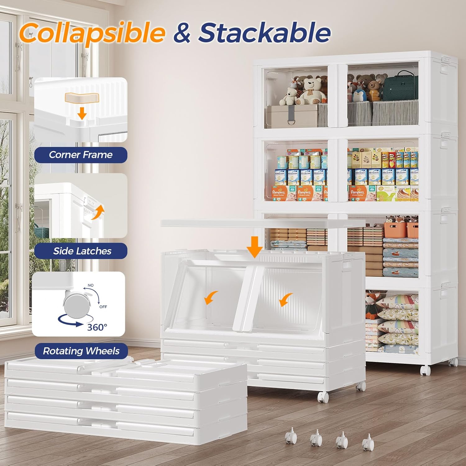 1000Qt Stackable Storage Bins with Lid and Wheel, 250Gal Plastic Closet Organizer and Storage Drawer, Large Collapsible Storage Box Cabinet with Clear Door for Home Kitchen Office, 5Pack White