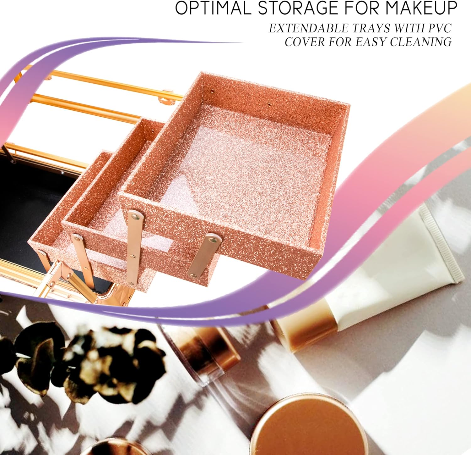 Ver Beauty Makeup Train Case 14 inch Armored Acrylic Large Portable Cosmetic Case 6 Trays Professional Storage Organizer Box Make Up Artist Jewelry Nail Kits Crafts Display Brush Holder- Rose Gold