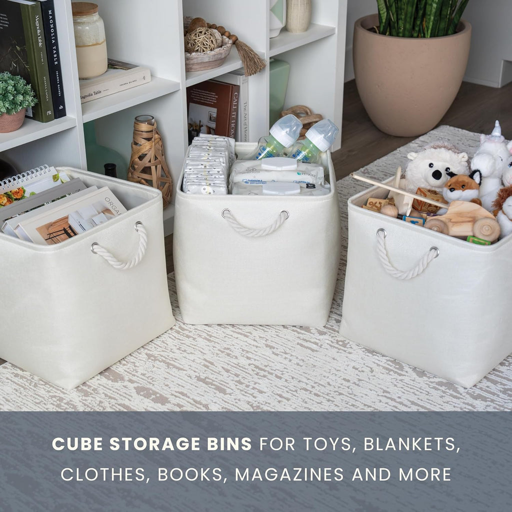 OrganiHaus 13x13 Cube Storage Bins 4 Pack, Foldable Cube Storage Organizer w/ Rope Handles, Collapsible Fabric Bins for Toys, Clothes & Closet Organization, Fabric Square Baskets - Off-White