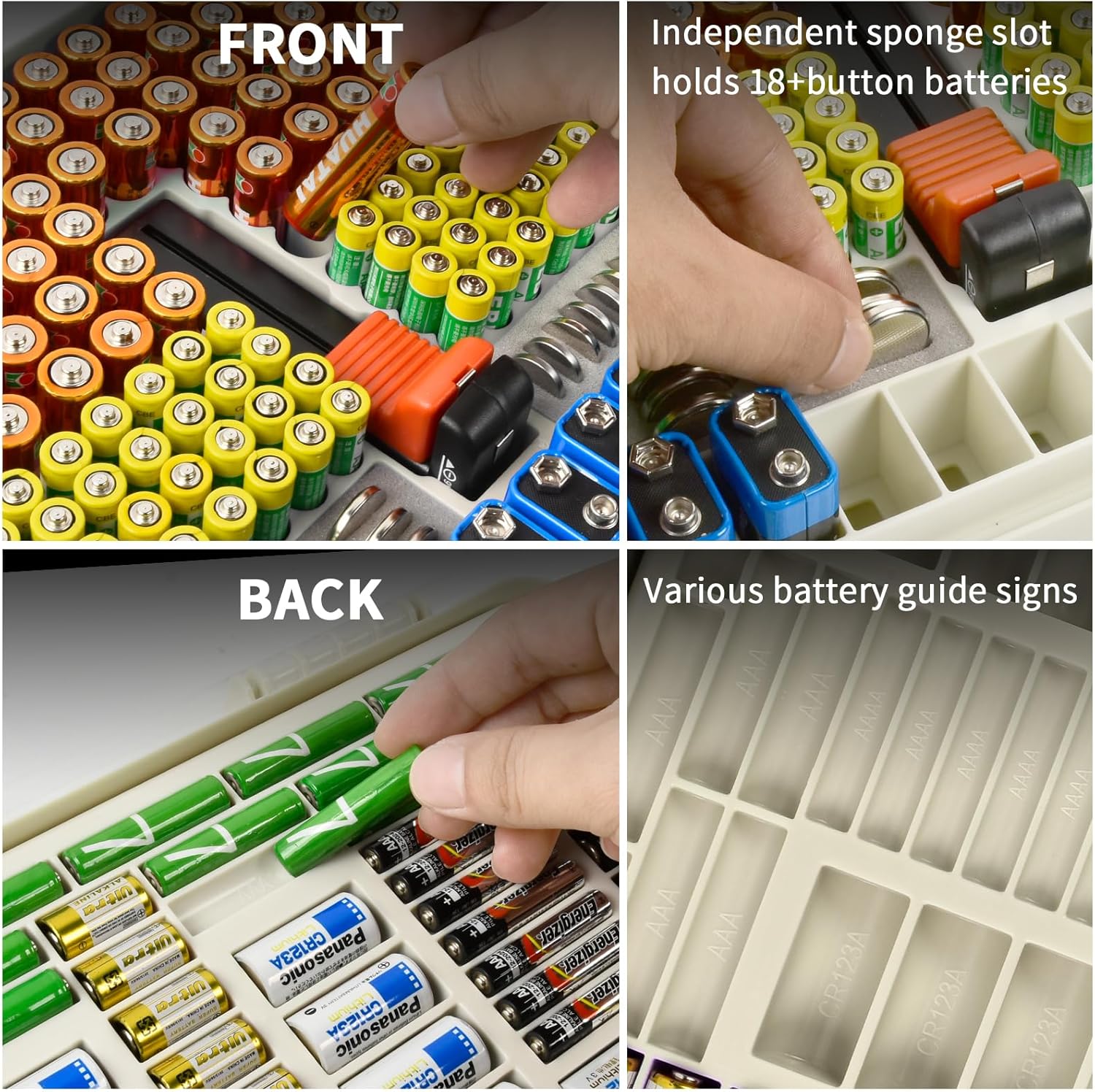 Battery Organizer Storage Holder Box Case with Tester- 269 Batteries Double-Sided Variety Pack, Holds AA AAA 4A C D Cell 9V 3V Lithium LR44 CR2 CR123 CR1632 18650 Button- White(Box Only)