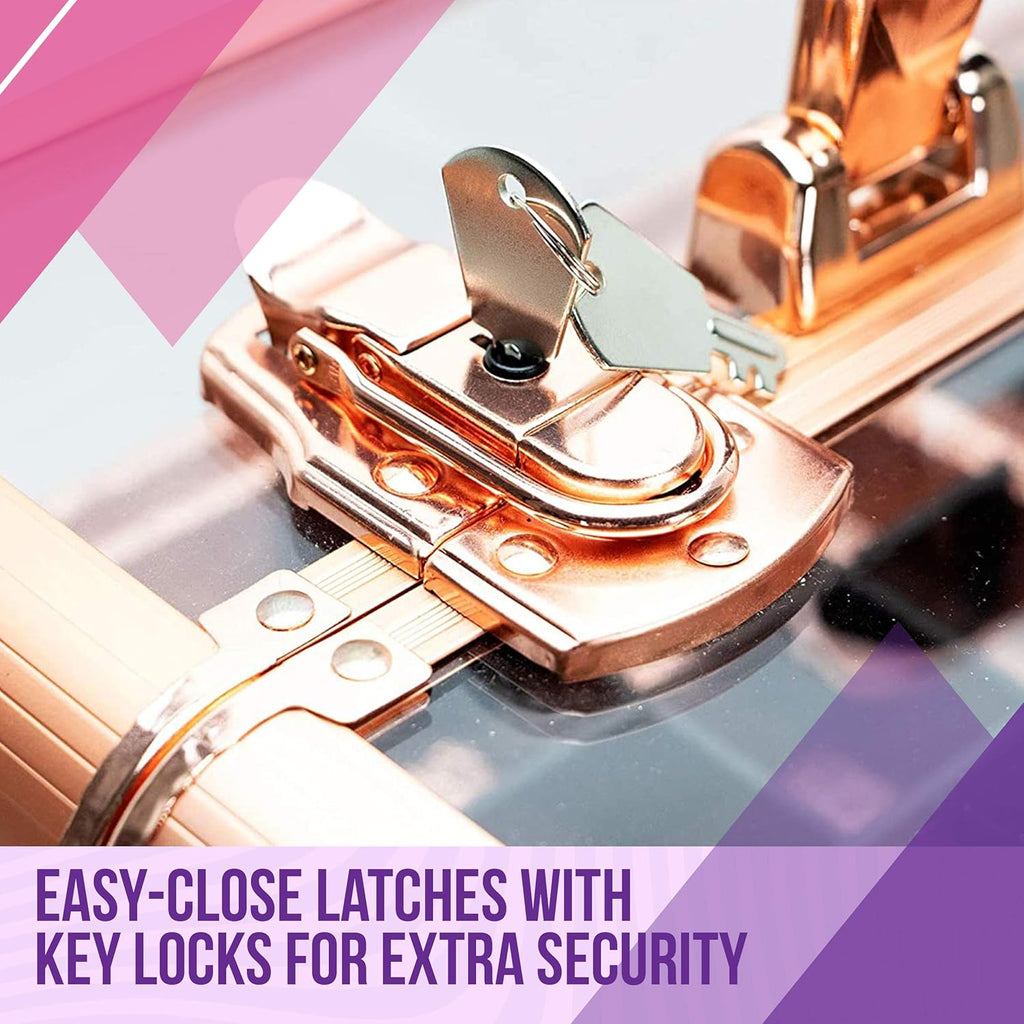 Ver Beauty Professional Armored Clear Acrylic Makeup Nail Tech Case with 2 Sliding Trays and Removable Dividers for Nail Polish Organizer Lockable Portable Travel Cosmetic Aluminum Case (Rose Gold)