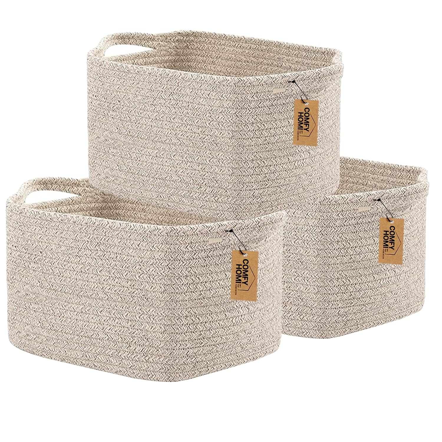 COMFY-HOMI 3PACK Cotton Rope Woven Basket With Handles for Shelves, Toy, Book, Cloth Storage Basket for Organizing|13.5" x 11" x 9.5" Decorative Nursery Cube Bin for Living Room（all brown）
