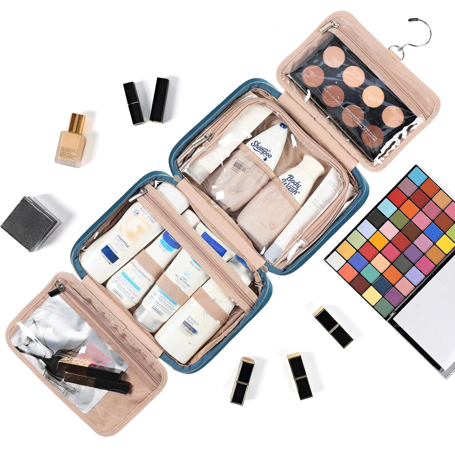 NISHEL Travel Toiletry Bag for Women, Makeup Essentials Organizer, Hanging Case for Accessories, Cosmetics, Medium Size, Lake-Blue